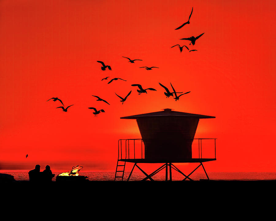Glorious Summer Evening, Lifeguard Tower And Bonfire Photograph by Don Schimmel