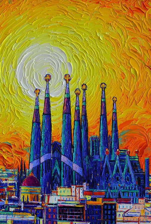 GLORIOUS SUNSET OVER SAGRADA FAMILIA IN BARCELONA palette knife oil painting by Ana Maria Edulescu Painting by Ana Maria Edulescu