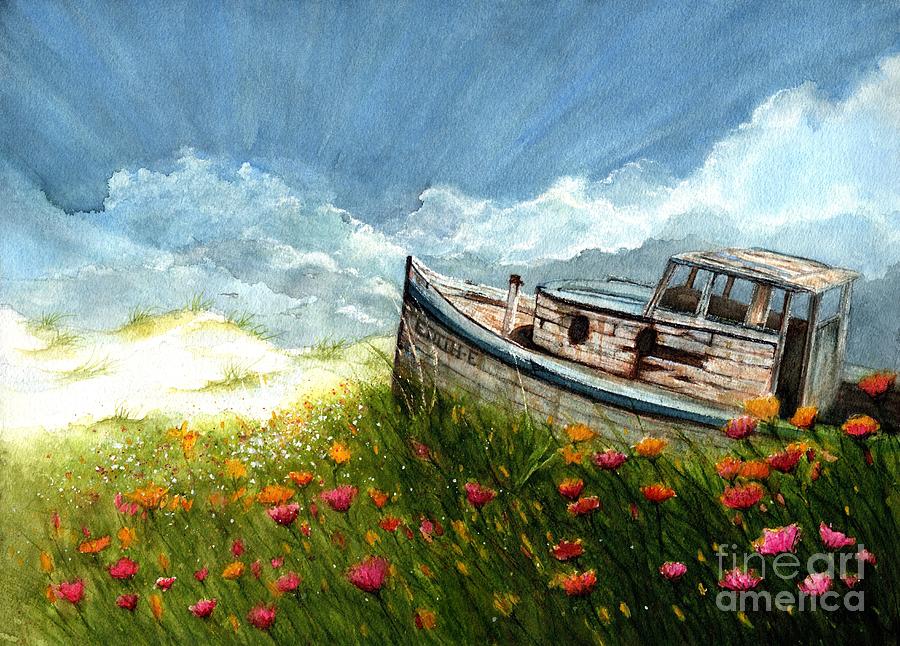 Glory Days - Old Boat Wreck  Painting by Janine Riley