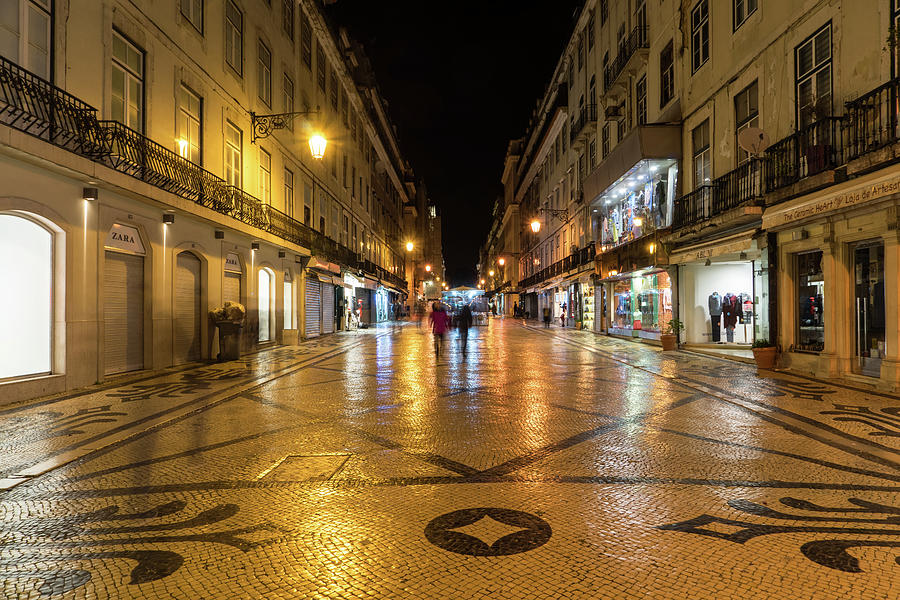Glossy Cobblestone Art - Late Night in Baixa Pombalina Lisbon Portugal Photograph by Georgia Mizuleva