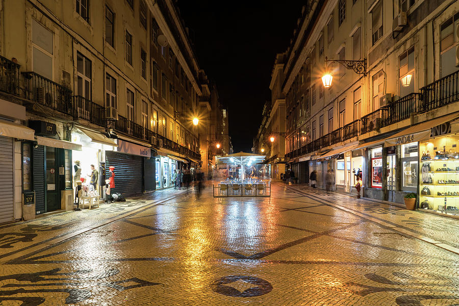 Glossy Cobblestone Art - Nighttime In Baixa Pombalina Lisbon Portugal Photograph