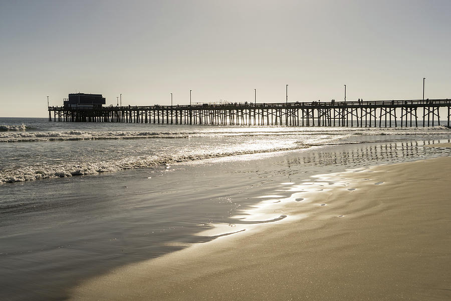 Glossy Golden Beach Vibe - Sunshiny Newport Beach Pier Orange County California Photograph by Georgia Mizuleva