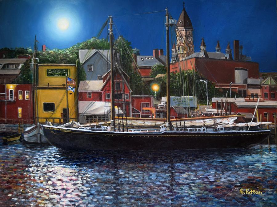 Gloucester Harbor Nocturne, Schooner Adventure Painting by Eileen Patten Oliver