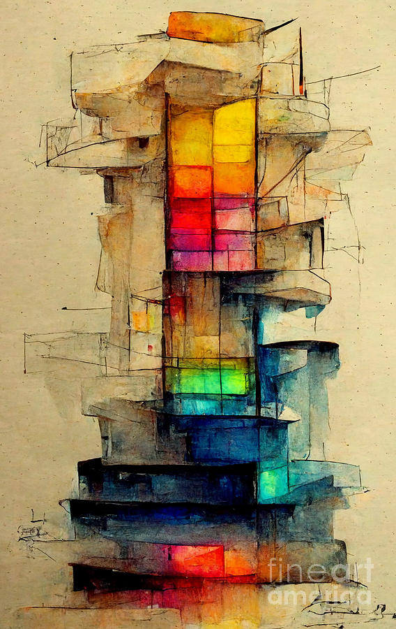 Watercolor Digital Art - Glowing blocks by Sabantha