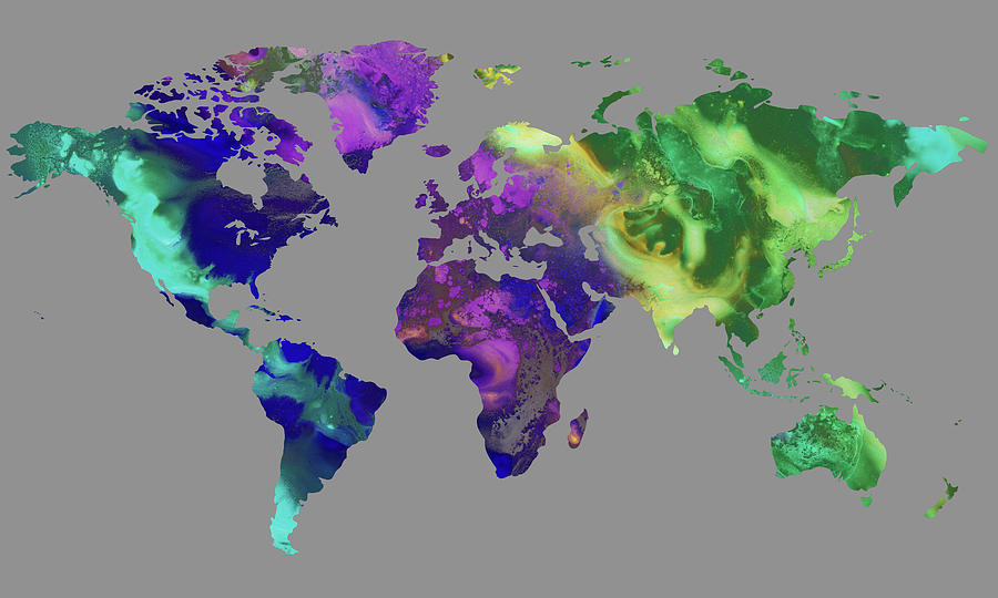 Glowing Colors Vivid Watercolor World Map Silhouette On Gray Painting by Irina Sztukowski