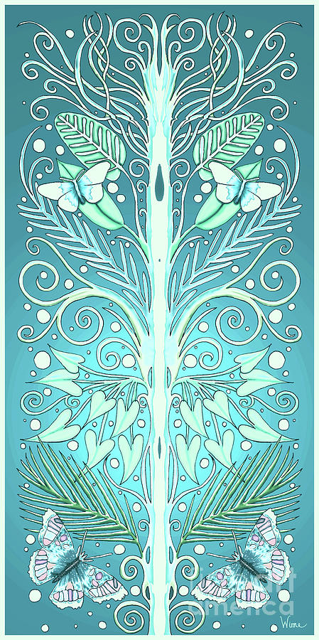 Glowing Grafted Tree Meditation with Butterflies and Heart Shaped Leaves in Turquoise Mixed Media by Lise Winne
