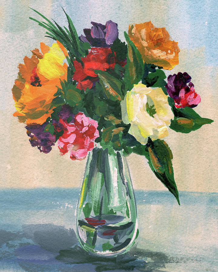 Glowing Impressionism Floral Bouquet In The Glass Vase Painting by Irina Sztukowski