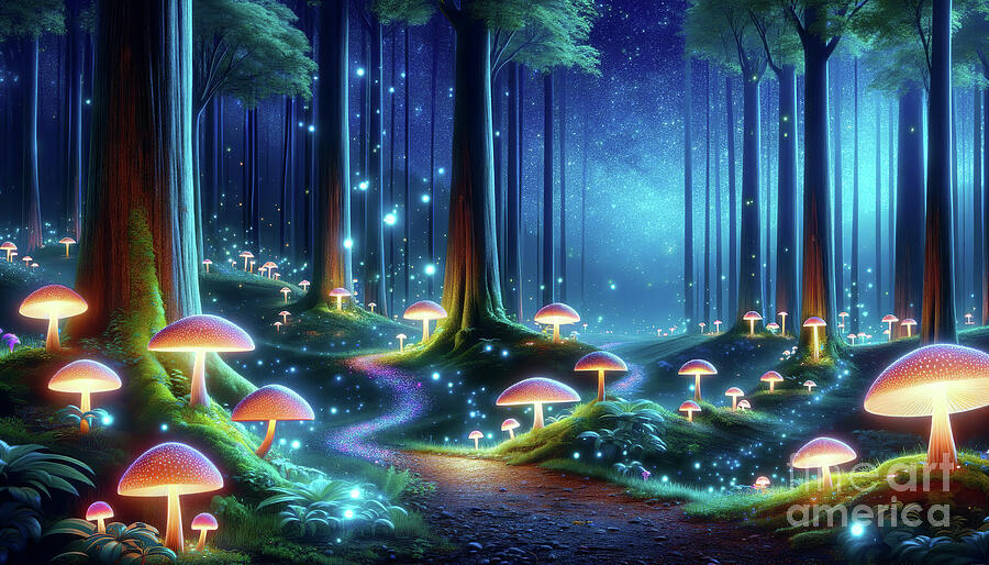 Glowing mushrooms illuminate the forest Digital Art by Odon Czintos