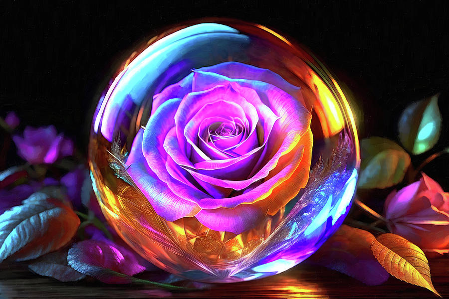 Glowing Rose In Glass Globe Digital Art