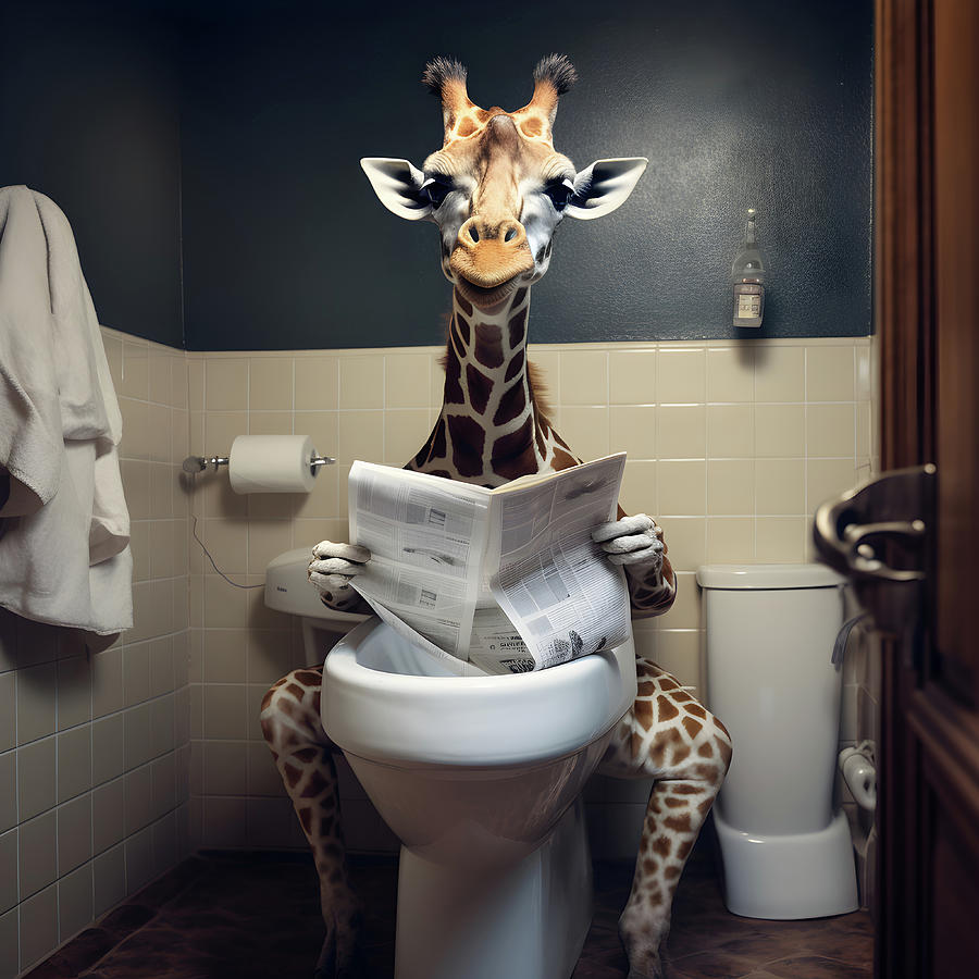 Glueckliche Giraffe sitzt auf Toilette mit Zeitung 4 Digital Art by ...