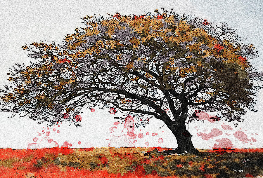 Gnarly Autumn Tree Watercolor Landscape Mixed Media by Shelli Fitzpatrick