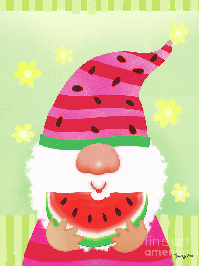 Gnome with Watermelon Painting by Tracy Herrmann