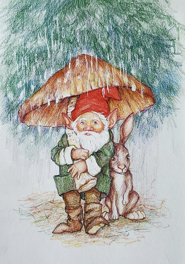 Gnome with Bunny and Mushroom Painting by Peggy Wilson