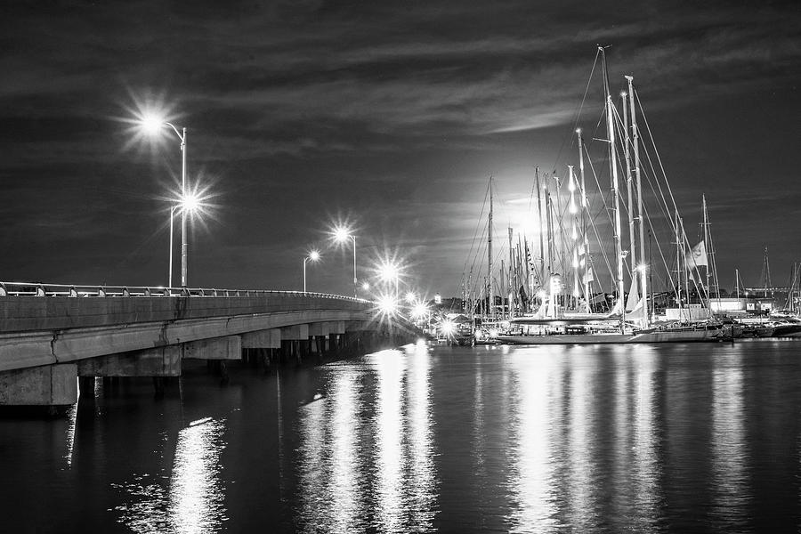 Goat Island Bridge Full Moon Newport RI Black and White Photograph by Toby McGuire