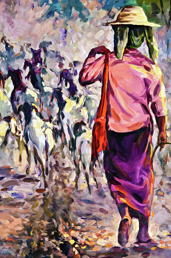 Goat keeper, Painting. Myanmar Photograph by Lie Yim