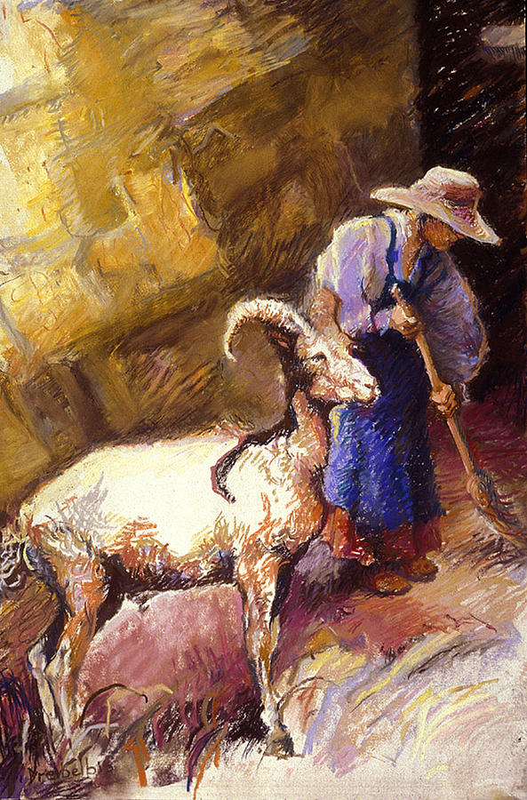 Goat with a Sweeper Pastel by Ellen Dreibelbis