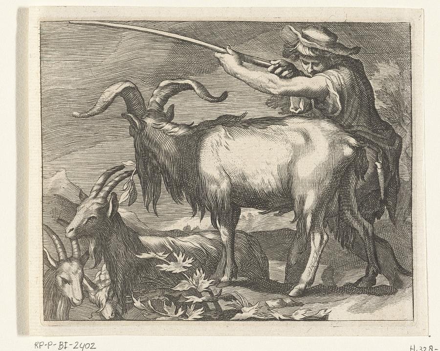 Goatherd with goats, Boetius Adamsz. Bolswert, after Abraham Bloemaert, 1611 Painting by MotionAge Designs