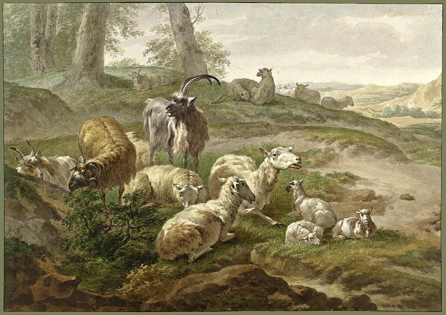 Goats and sheep in a hilly landscape Drawing by Wybrand Hendriks