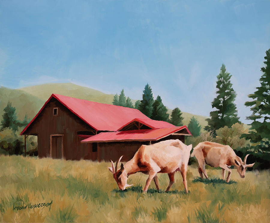 Goats Grazing by Barn Painting by Jordan Henderson