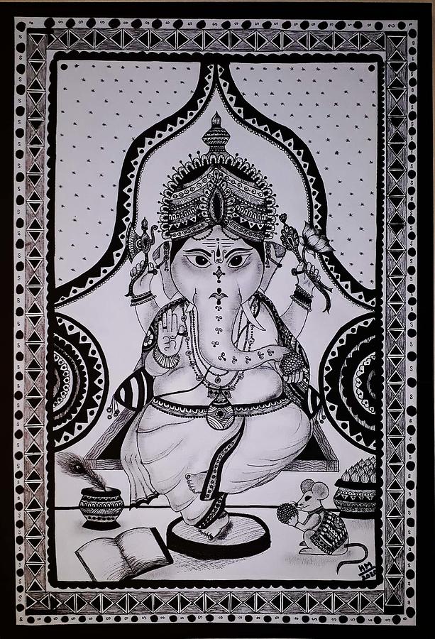 Ganesha Art Handmade Indian Hindu God Ganesh Ethnic Religion Ink Sketch  Painting
