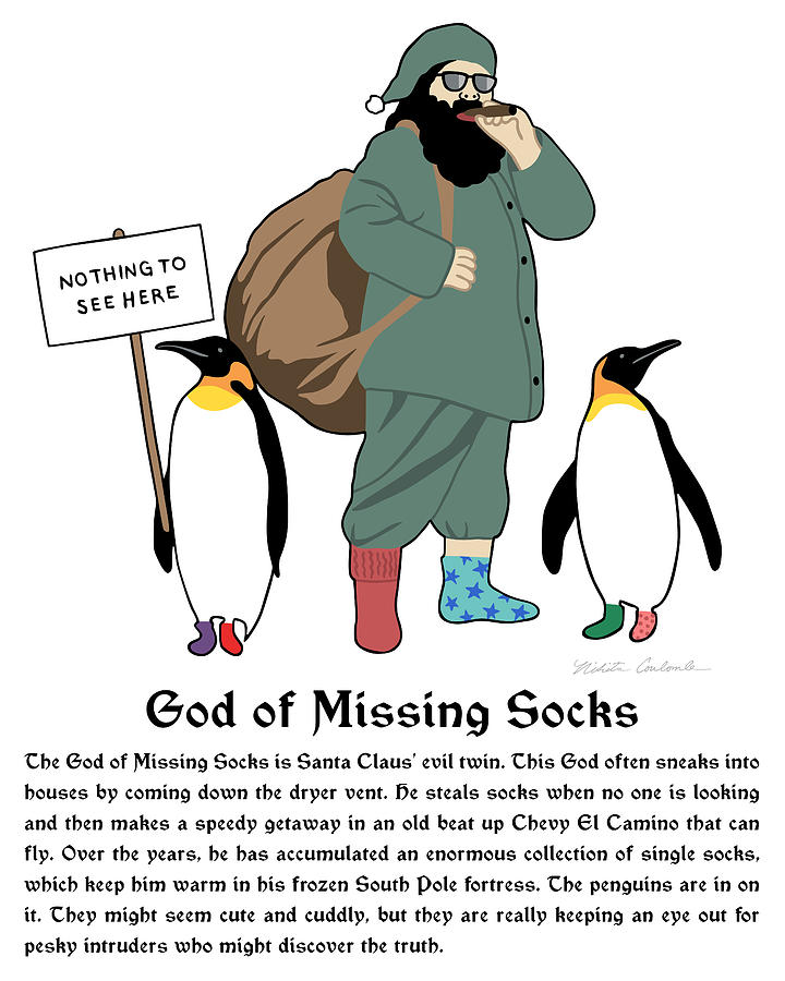 God of Missing Socks with description Painting by Nikita Coulombe