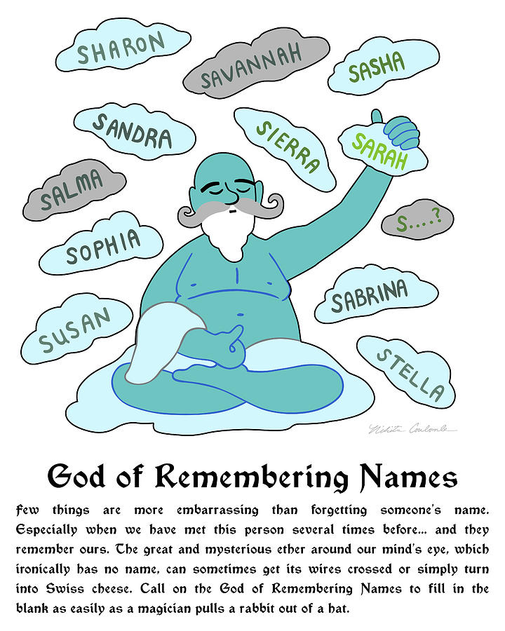 God of Remembering Names with description Painting by Nikita Coulombe