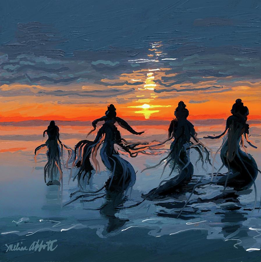 Goddess Mermaids at Sunrise on Beach Painting by Melissa Abbott