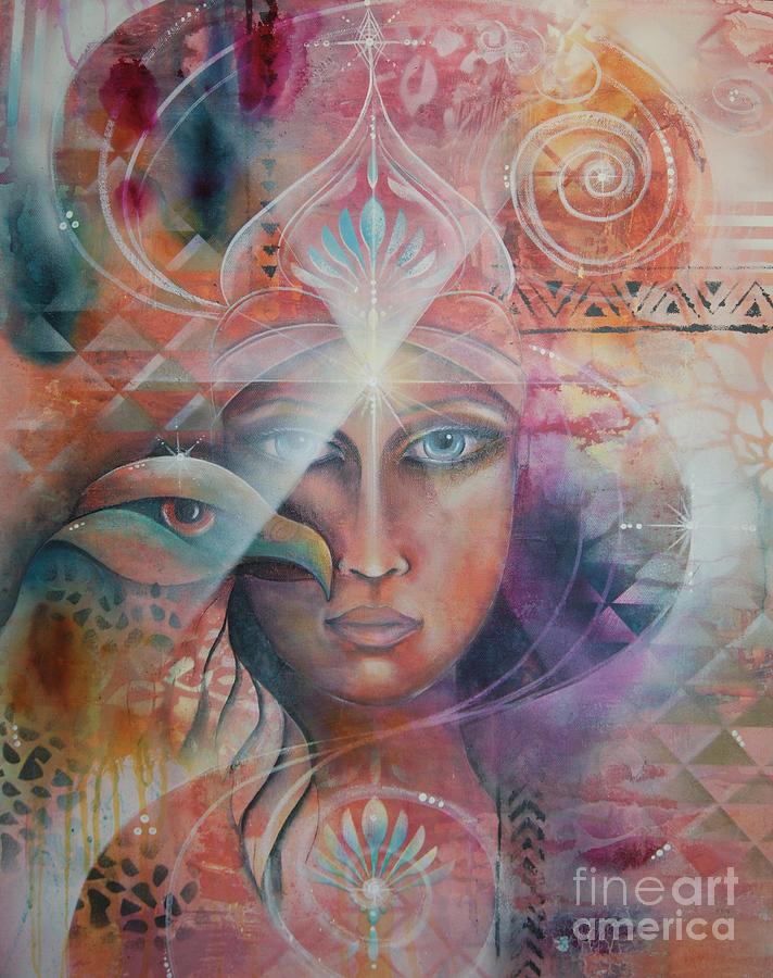 Goddess with Falcon Karearea Painting by Reina Cottier