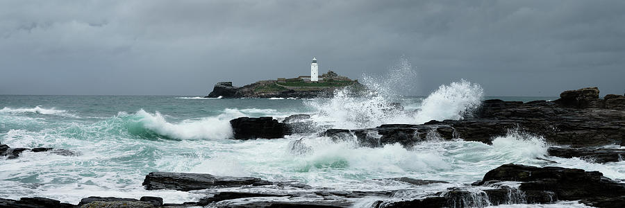 Godrevy Lighthouse Storm Waves Cornwal South west coast path Photograph by Sonny Ryse