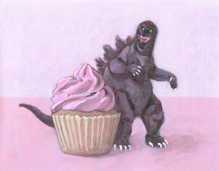 Godzilla and Cupcake Painting by Kazumi Whitemoon