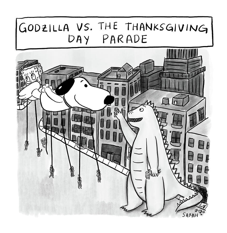 Godzilla vs The Thanksgiving Day Parade Drawing by Sarah Kempa