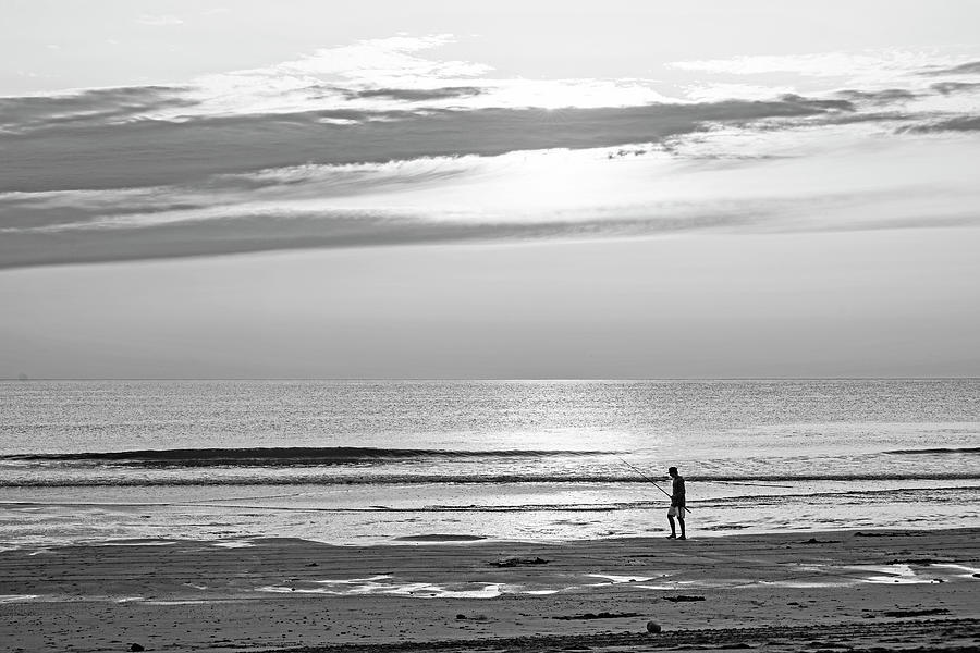 Going Fishing on Short Sands Beach York Maine Sunrise Black and White Photograph by Toby McGuire