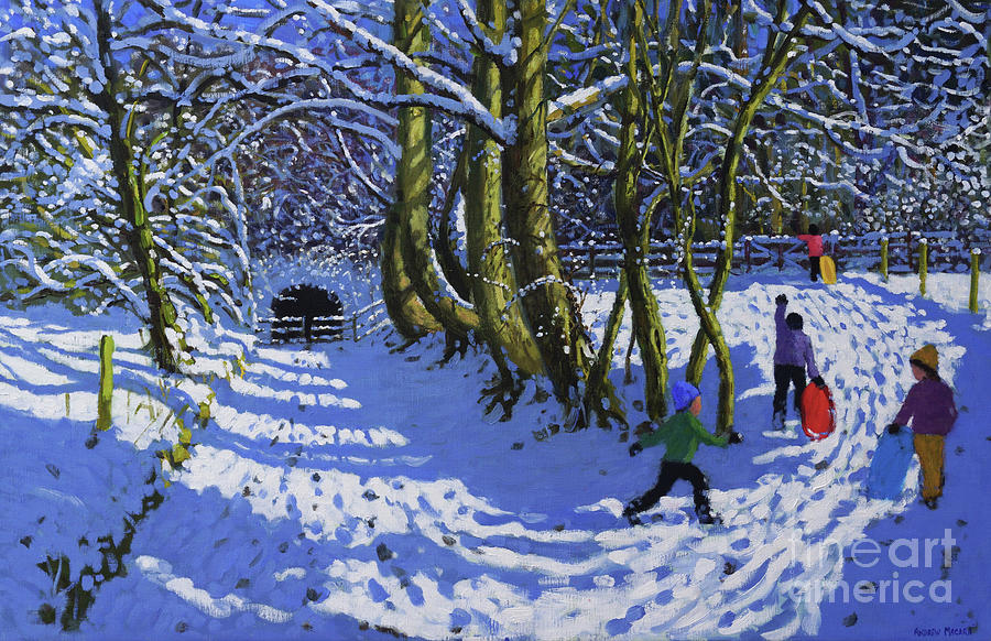 Winter Painting - Going sledging, Calke Abbey by Andrew Macara