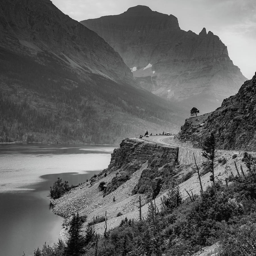 Going To The Sun Road Mountain Landscape Coastline - Black And White Photograph by Gregory Ballos