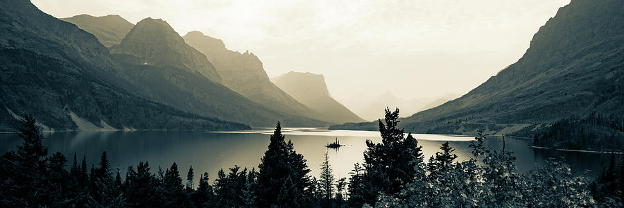 Going To The Sun Road Mountain Landscape Panorama Over Saint Mary Lake - Sepia Edition Photograph by Gregory Ballos