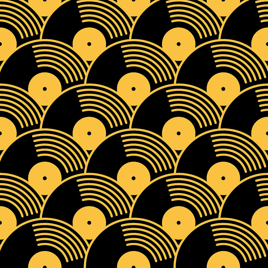 Gold And Black Vinyl Records Seamless Pattern Drawing by RobinOlimb