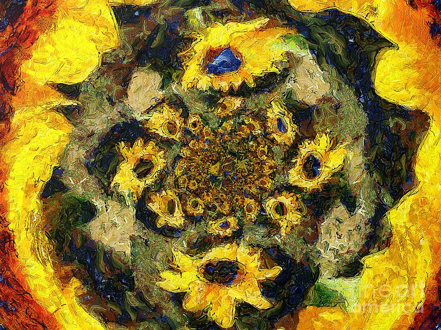 Gold and Blue Infinite Sunflowers Swirl Photograph by Sea Change Vibes