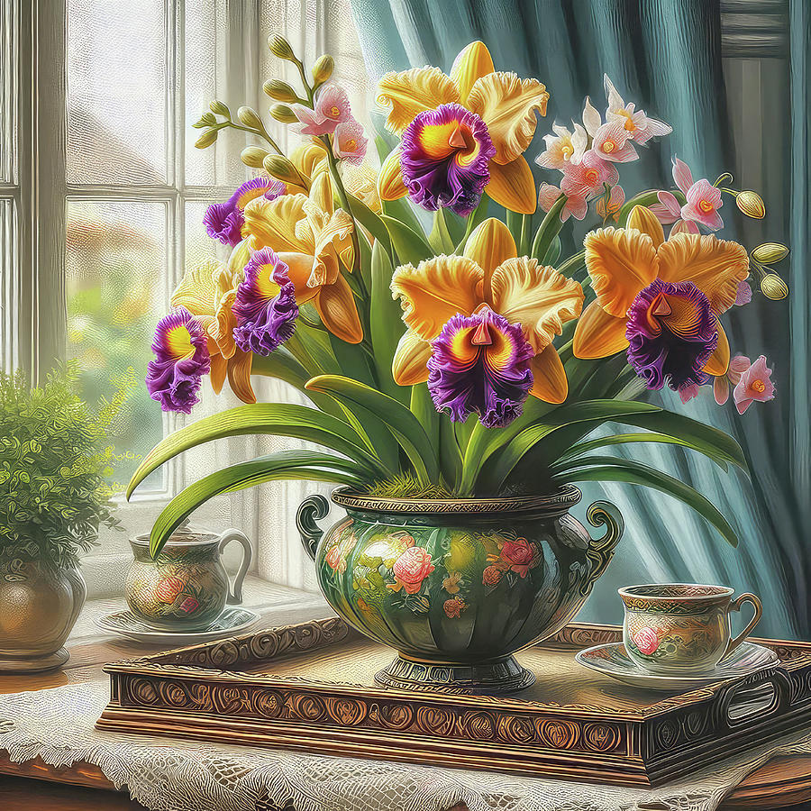 Gold And Purple Cattleya Orchids Digital Art by HH Photography of Florida