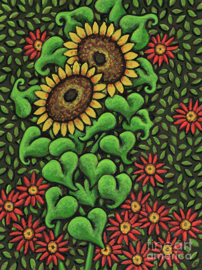 Gold and Ruby Sunflower Tapestry Painting by Amy E Fraser