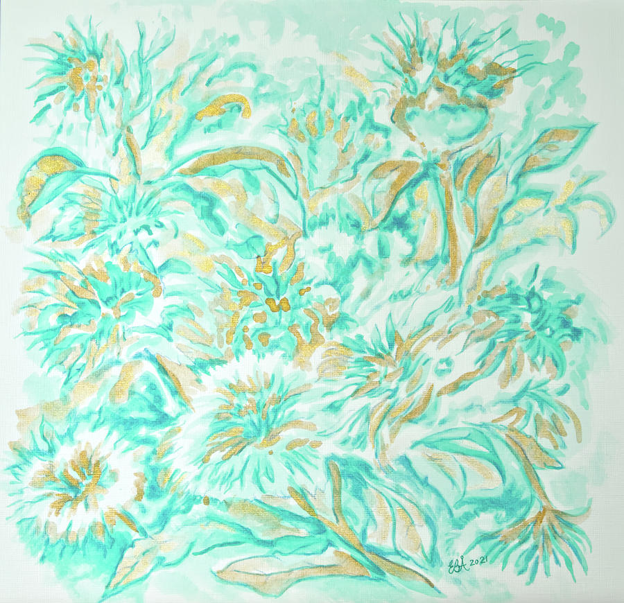 Gold and Turquoise flowers Painting by Elaine Berger