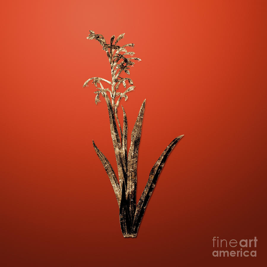 Gold Antholyza Aethiopica on Tomato Red n.02458 Painting by Holy Rock Design