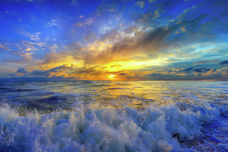 Gold Blue Crashing Ocean Wave Sunset Photograph by Eszra Tanner