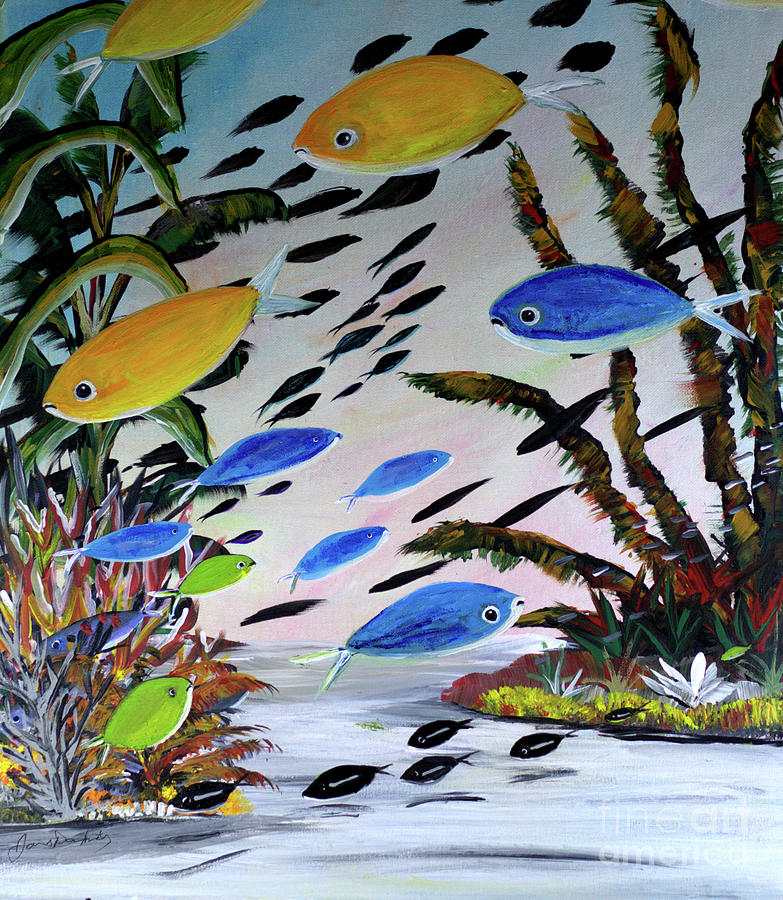 Gold Blue Green Black Fish Painting by James and Donna Daugherty Gold Blue Green Black Fish Painting by James and Donna Daugherty