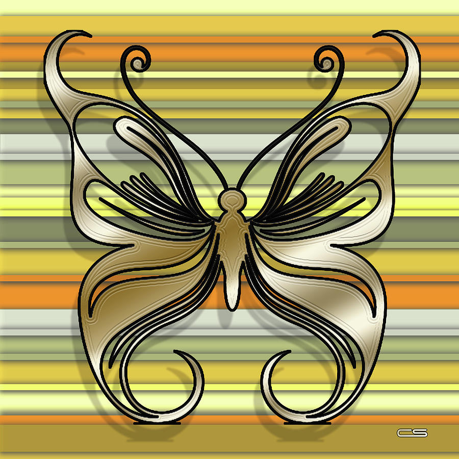 Gold Butterfly on Yellow Stripes Digital Art by Chuck Staley