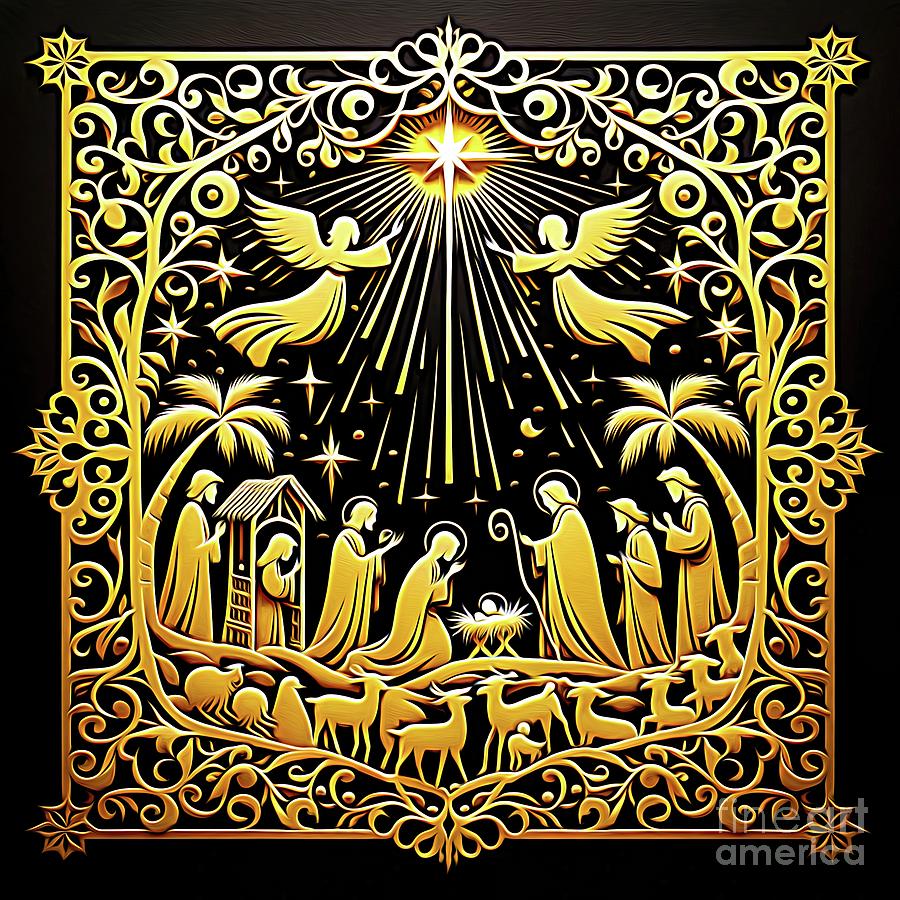 Gold Christmas Nativity Scene 1 Expressionistic Digital Art by Rose Santuci-Sofranko