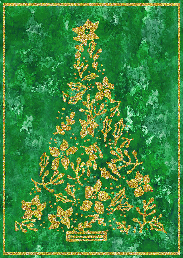 Gold Christmas Tree On Green Bokeh Background Painting by Deborah League