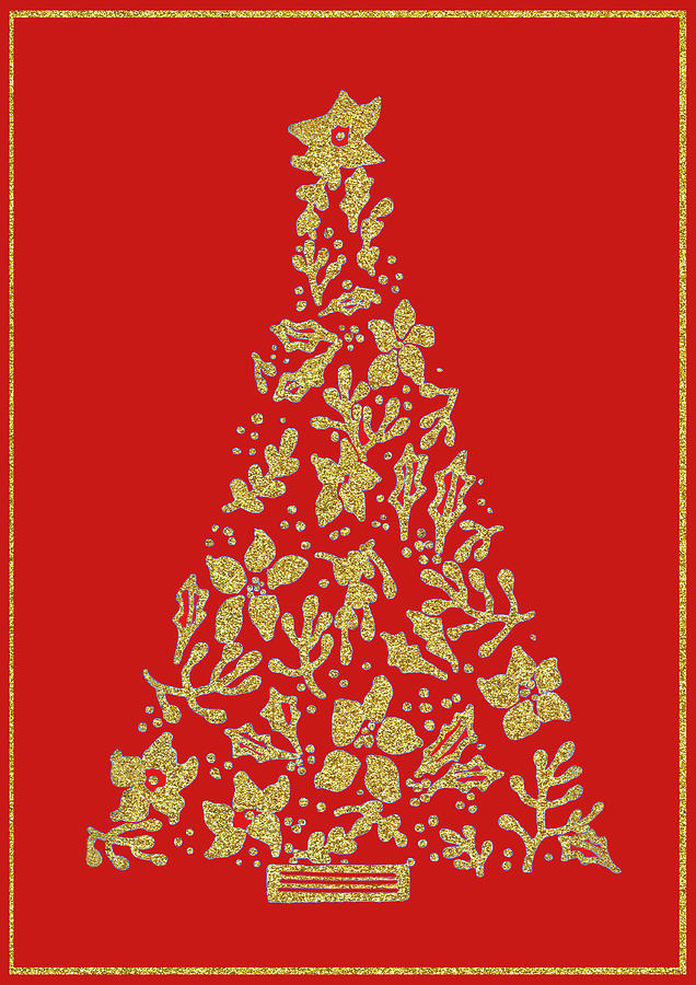 Gold Christmas Tree On Red Painting by Deborah League