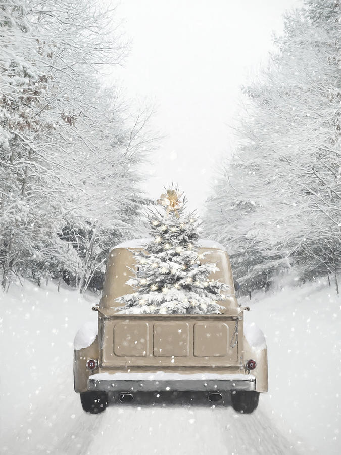 Gold Christmas Truck in the Snow Mixed Media by Lori Deiter