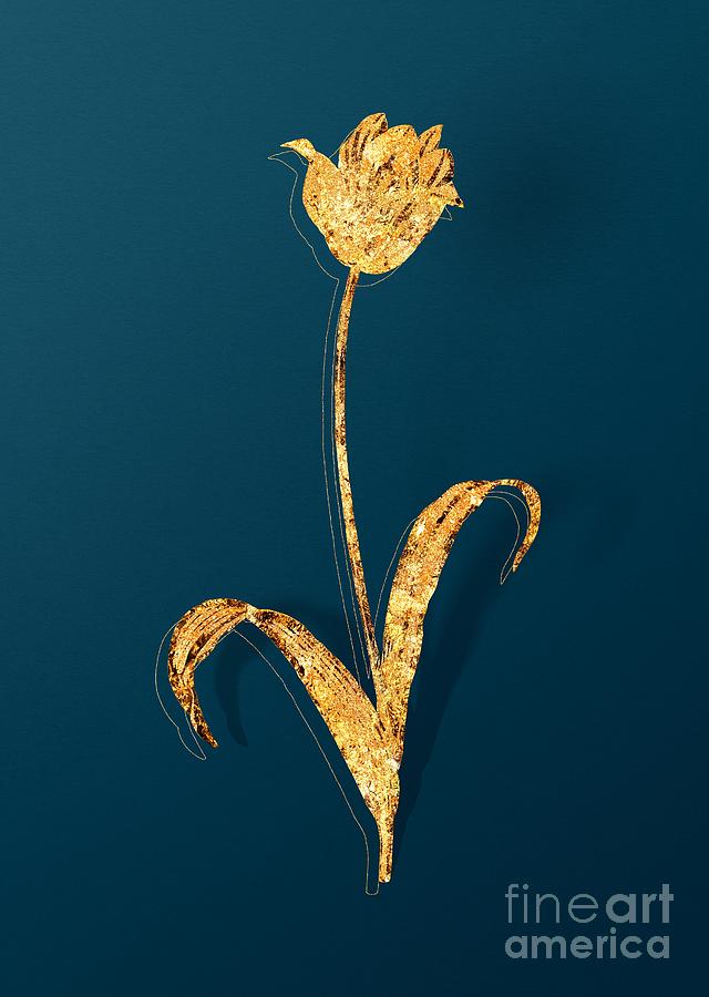 Gold Didiers Tulip Botanical Illustration on Teal Mixed Media by Holy Rock Design
