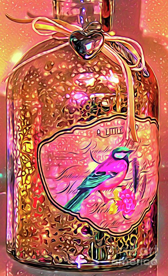 Gold Glass Bottle With Heart Charm and Bird Abstract Starlight Glitter and Expressionism Effects Photograph by Rose Santuci-Sofranko